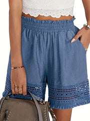 Casual Contrast Lace Trim Elastic Waist Slant Pocket Loose Shorts