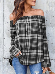Plaid Print Shoulder Tops