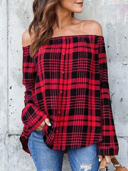 Plaid Print Shoulder Tops