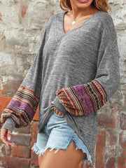 Printed Lantern Sleeve V-neck Tops