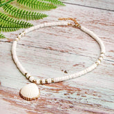 Boho Necklace, Natural Shell Cowrie in White