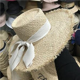 Boho Hat, Sun Hat, Beach Hat, Fringed Wide Brim Raffia Straw Hat, Ribbon