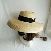 Boho Hat, Straw Hat, Floppy Vintage Hat, Linda White BLack Bow