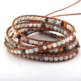 Boho Bracelet, RH 5 Layers Leather Wrap Bracelet, 4 mm Natural Stones, Blue, White, Black