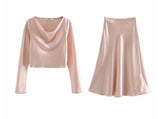 Boho Two Piece Set, Crop Top and Skirt, Glam Satin White, Black and Pink