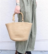 Boho Bag, Woven Grass Straw Basket Bag, Bamboo Handle in Black, Ivory, Pink and Blue