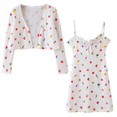 Boho Two Piece Set, Cardigan and Dress, White Mix Fruit