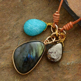 Boho Necklace, Labradorite Amazonite Leather Pendant Necklace