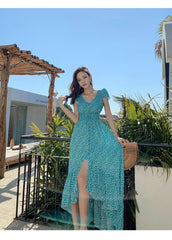 Vintage Dress, Boho Midi Dress, Dress, Backless Dress, Blue Sky, Yellow and Red