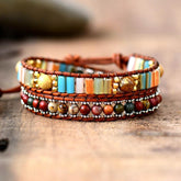 Boho Bracelet, 2 Layers Leather Wrap Bracelet, Crystal Brown Stone
