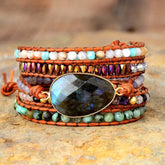 Boho Bracelet, 5 Layers Leather Wrap Bracelet, Black Onyx