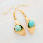 Boho Earrings, Dangle Earrings, Gold Flower Blue Amazonite