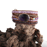 Boho Bracelet, RH 5 Layers Leather Wrap Bracelet, Natural Stones, Crystal Silver