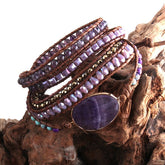 Boho Bracelet, RH 5 Layers Leather Wrap Bracelet, Natural Stones, Green, Rose, Purple