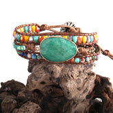 Boho Bracelet, RH 5 Layers Leather Wrap Bracelet, Mixed Natural Stones & Crystal Stone Blue and Purple