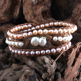 Boho Bracelet, RH 5 Layers Leather Wrap Bracelet, White Pink Natural Peal