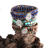 Boho Bracelet, RH 3 Layers Leather Wrap Bracelet, Green, Brown and Navy Natural Stones