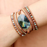 Boho Bracelet, 4 Layers Leather Wrap Bracelet, Black Onyx