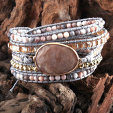 Boho Bracelet, RH 5 Layers Leather Wrap Bracelet, Natural Stones, Rose Quarts Silver