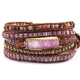Boho Bracelet, RH 5 Layers Leather Wrap Bracelet, Natural Stones, Gold Purple Sapphire