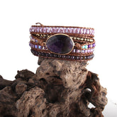 Boho Bracelet, RH 5 Layers Leather Wrap Bracelet, Natural Stones, Violet Amythyst