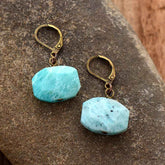 Boho Earrings, Dangle Earrings, Hexagon Blue Amazonite