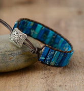 Boho Bracelet, Leather Wrap Bracelet, Tube Natural Stones, 4 colors Blue, Orange, Green and Red