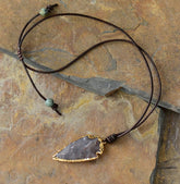 Boho Necklace,Blue and Black Agate, Jasper Arrowhead Pendant Leather