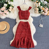 Vintage Two Piece Set, Boho Matching Crop Top and Midi Skirt, Red Plaid