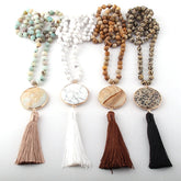 Boho Necklace, RH Amazonite Jasper, Circle Tassel Green White Natural Stone