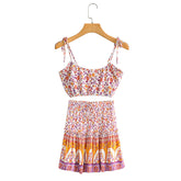 Boho Two Piece Set, Crop Top and Skirt, Pink Little Flower