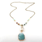 Boho Necklace, RH Antique Brass Green Amazonite Stone Glass