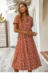 Boho Midi Dress, Sundress, Quinn Polka Dot in Orange Brick
