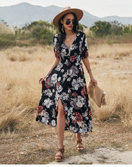 Boho Midi Dress, Sundress, Canna in Black