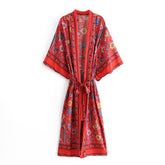 Boho Robe, Kimono Robe, Beach Cover up, Red Peony Bird