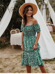 Boho Midi Dress, Off Shoulder Sundress, Nicole in Green
