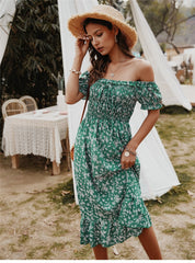 Boho Midi Dress, Off Shoulder Sundress, Nicole in Green