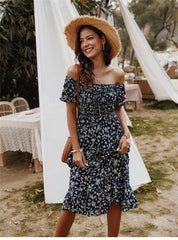 Boho Midi Dress, Off Shoulder Sundress, Nicole in Navy Blue