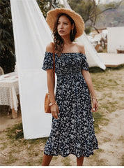 Boho Midi Dress, Off Shoulder Sundress, Nicole in Navy Blue