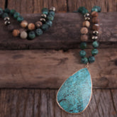 Boho Necklace, RH India Agated Green Oval Natural Stone