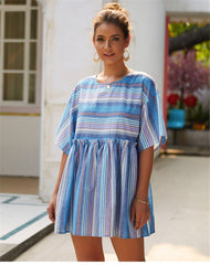 Boho Mini Dress Sundress, Cotton Stripe in Blue