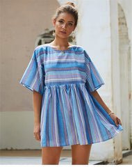 Boho Mini Dress Sundress, Cotton Stripe in Blue