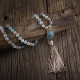 Boho Necklace, RH Rose Quart Amazonite, Oval Tassel Pink Natural Stone