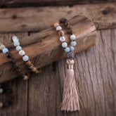 Boho Necklace, RH Amazonite Jasper, Lariat Silver Ball Green Brown Natural Stone