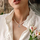 Boho Personalized Custom Necklace, Pearl Choker, Gold Letter Name