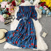 Vintage Dress, Boho Midi Dress, Dress, Off Shoulder Dress, Poppy in Blue and Red