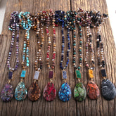 Boho Necklace, RH Agated Crystal Blue Oval Natural Stone