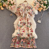 Maxi Dress, Boho Vintage Party Dress, Embroidered Dress, Annabelle in White Apricot and Midnight Flower