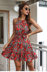 Boho Mini Dress Halter Sundress, Tulip in Red