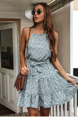 Boho Mini Dress Halter Sundress, Tulip in Gypso Blue